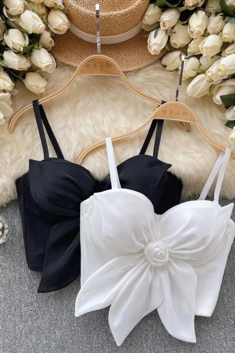 Elegant Satin Bow Front Bralette Top Set - Blackwhite