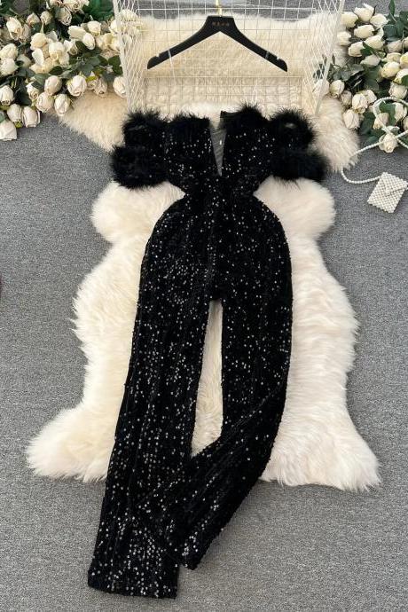 Elegant Black Sequin Jumpsuit With Faux Fur Trim