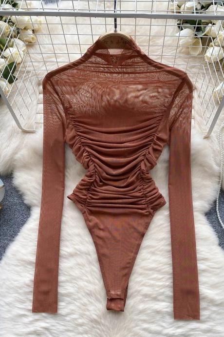 Long Sleeve Ruched Turtleneck Bodysuit In Brown