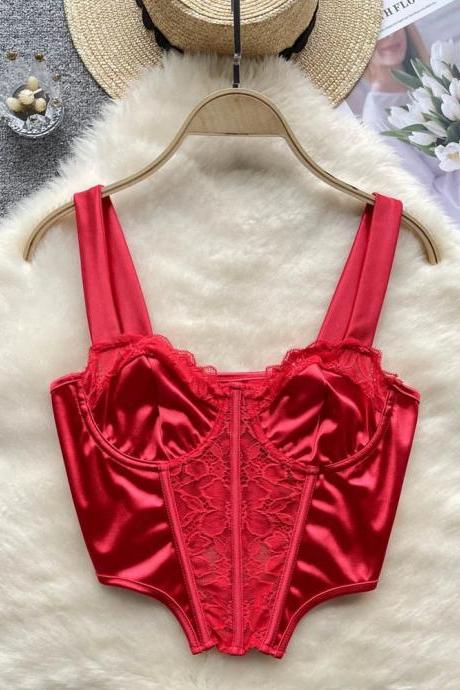 Womens Satin And Lace Red Bodysuit With Adjustable Straps