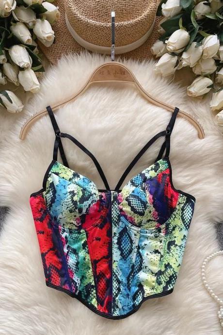 Womens Colorful Snake Print Bustier Crop Top Corset