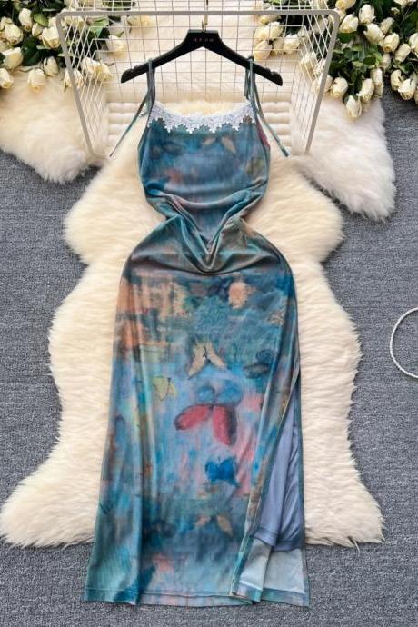 Womens Satin Lace Trim Slip Dress Butterfly Print