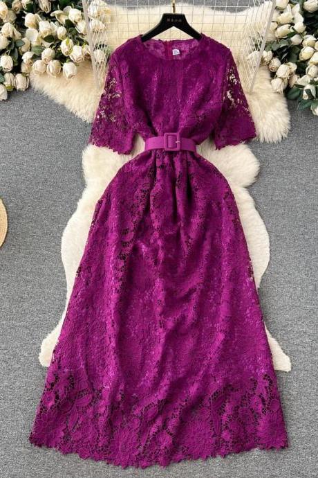 Elegant Lace Belted Midi Dress In Royal Purple