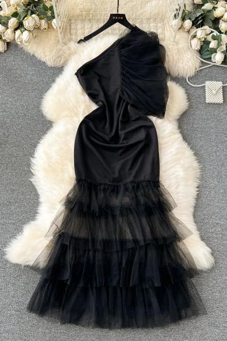 Elegant One-shoulder Ruffle Tulle Evening Cocktail Dress