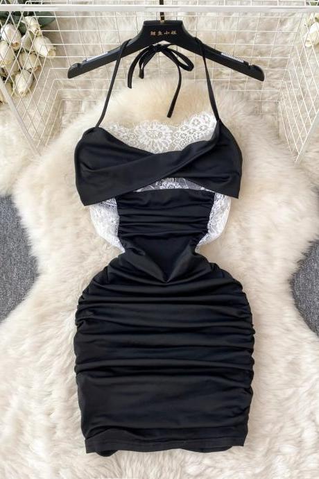 Elegant Black Lace Trim Halter Neck Cocktail Dress