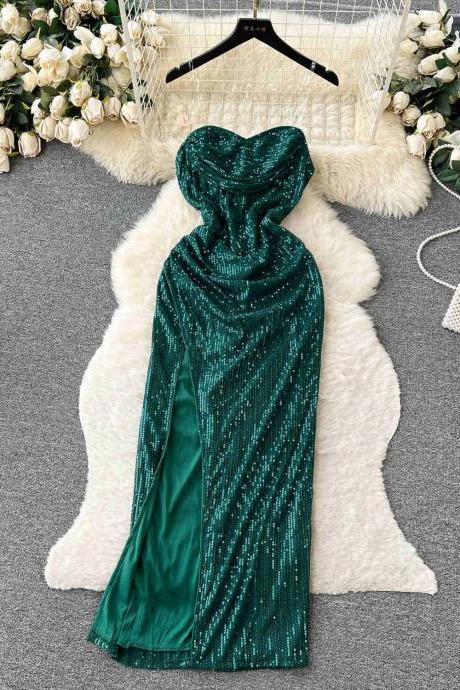 Elegant Green Sequined Evening Gown With Sheer Overlay