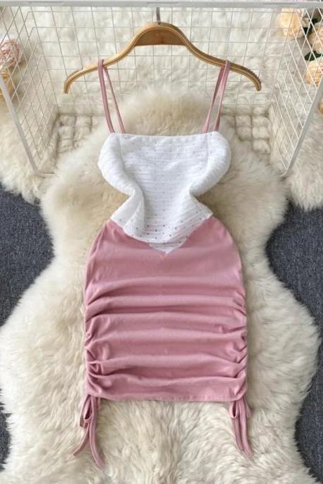 Womens Ruched Pink And White Summer Tank Top Dress