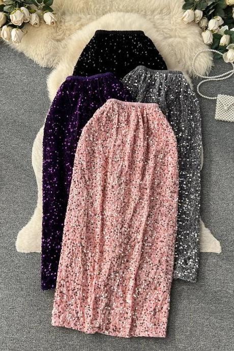 Womens Elegant Glitter Velvet Pencil Skirts Assorted Colors