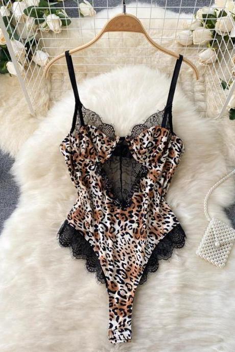Leopard Print Lace Detail Bodysuit With Adjustable Straps