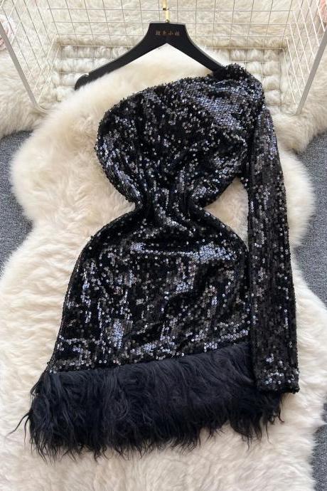 Elegant One-shoulder Sequin Black Dress With Feather Trim