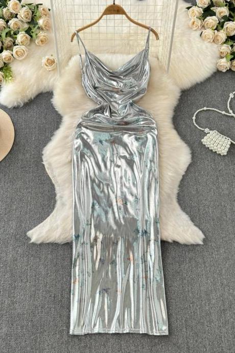 Elegant Metallic Silver Cowl Neck Slip Maxi Dress
