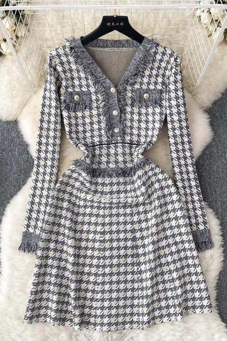 Elegant Houndstooth Collared Dress With Button Details