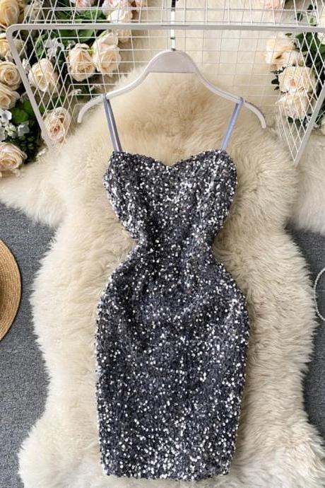 Womens Sparkling Sequin Cocktail Dress With Spaghetti Straps