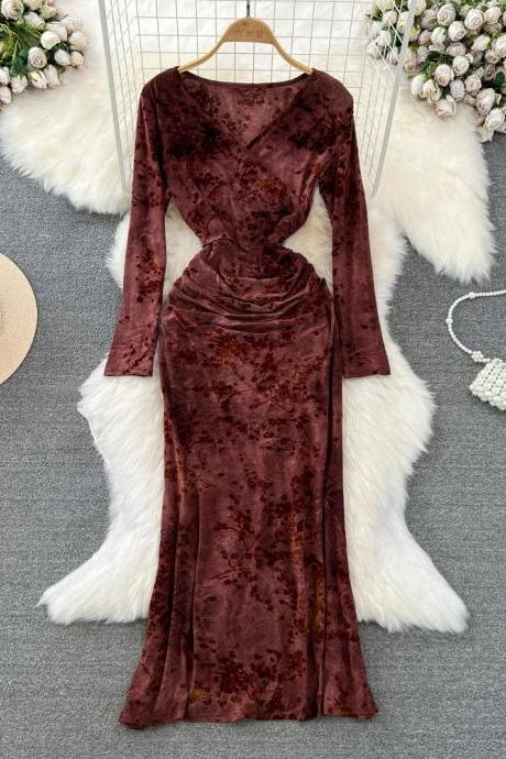 Elegant Long Sleeve Velvet Maxi Dress In Burgundy
