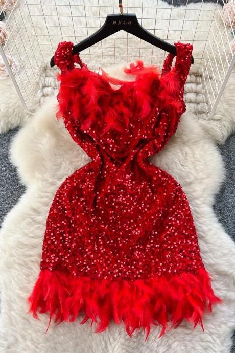 Red Sequined Feather Trim Cocktail Party Dress