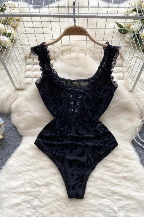Elegant Black Lace-up Floral One-piece Swimsuit