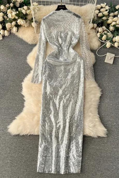 Elegant Long Sleeve Silver Sequin Evening Gown