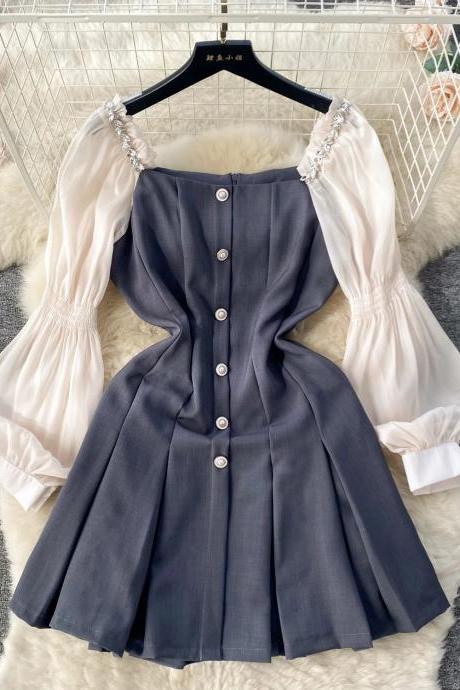 Vintage-inspired Puff Sleeve Navy Dress With Button Detail