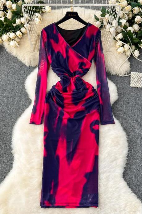 Elegant Long Sleeve V-neck Satin Cocktail Dress