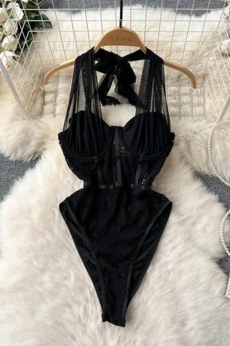 Elegant Black Lace Bodysuit With Strappy Details