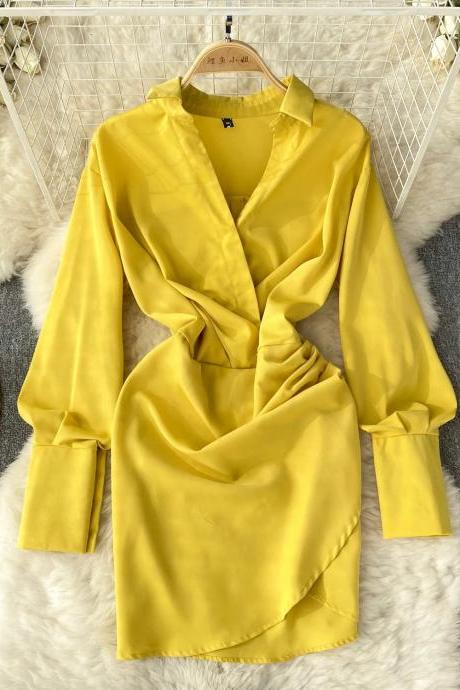 Elegant Mustard Yellow Satin Blouse With Ruched Detail