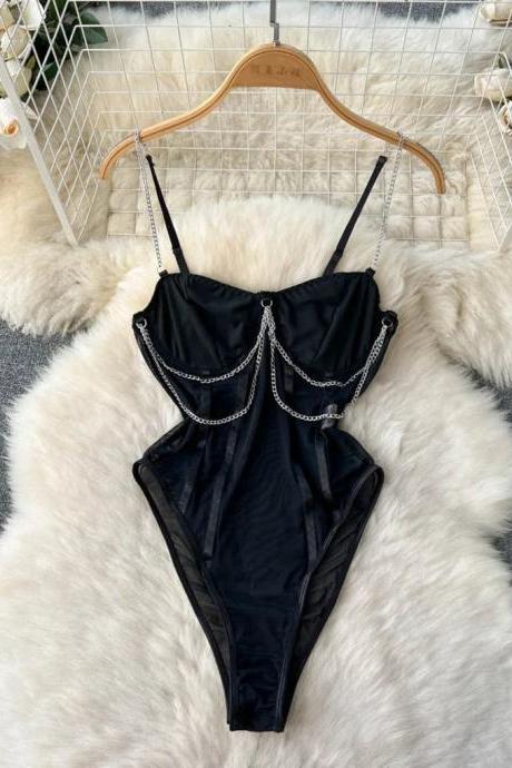 Elegant Chain Detail Black Satin Bodysuit For Women