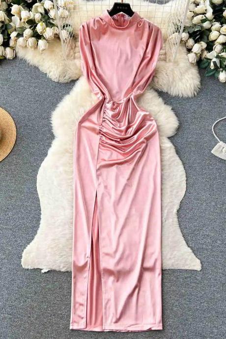 Elegant Satin Long Sleeve Maxi Dress Pink