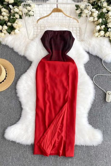 Elegant Red Satin Evening Gown With Side Slit