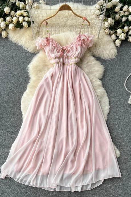 Elegant Pink Satin Gown With Floral Shoulder Detail