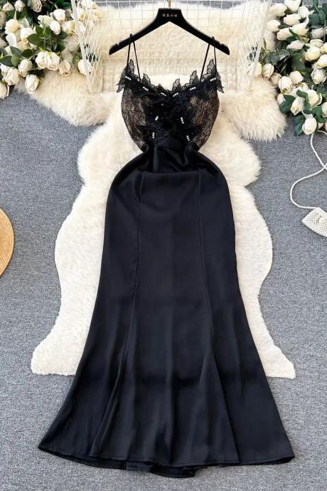 Elegant Black Lace Trim Satin Cocktail Slip Dress