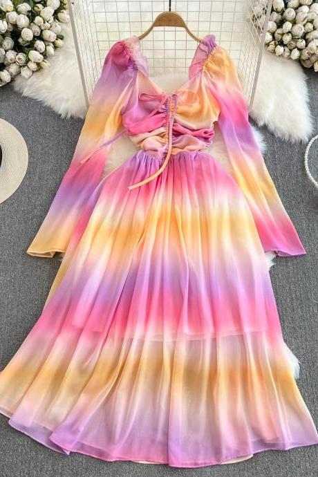 Womens Gradient Color Chiffon Ruffle Summer Maxi Dress