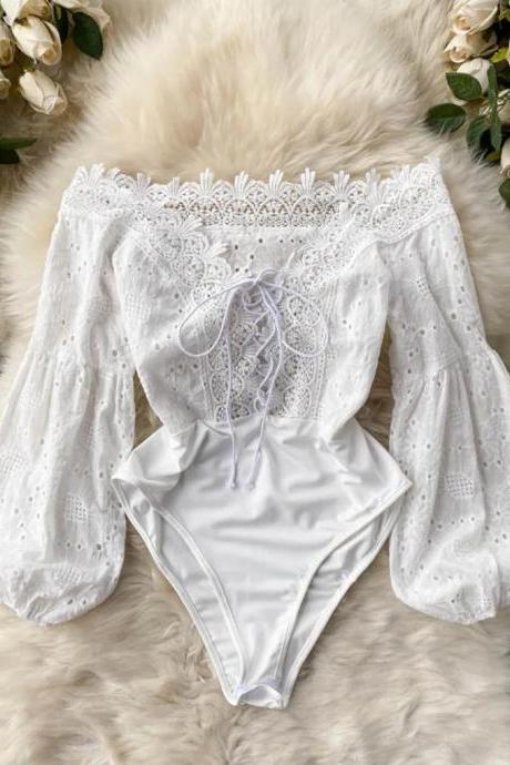 Off-shoulder Lace Bodysuit With Long Sheer Sleeves