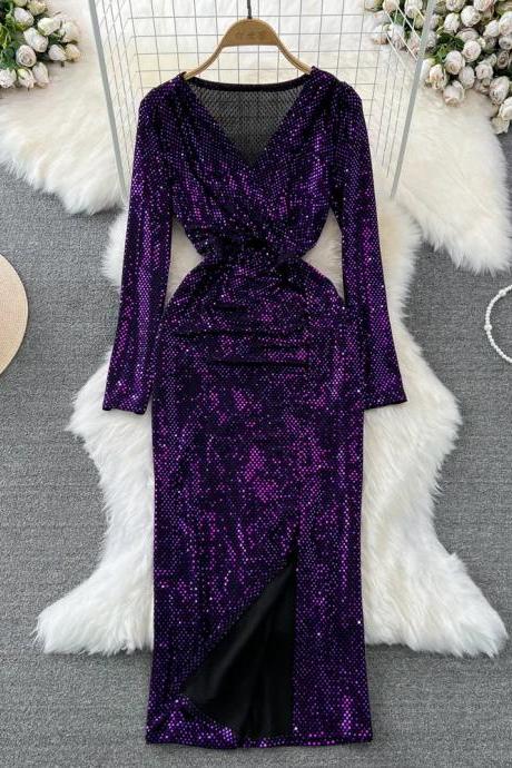 Elegant Purple Sequin V-neck Long Sleeve Evening Gown