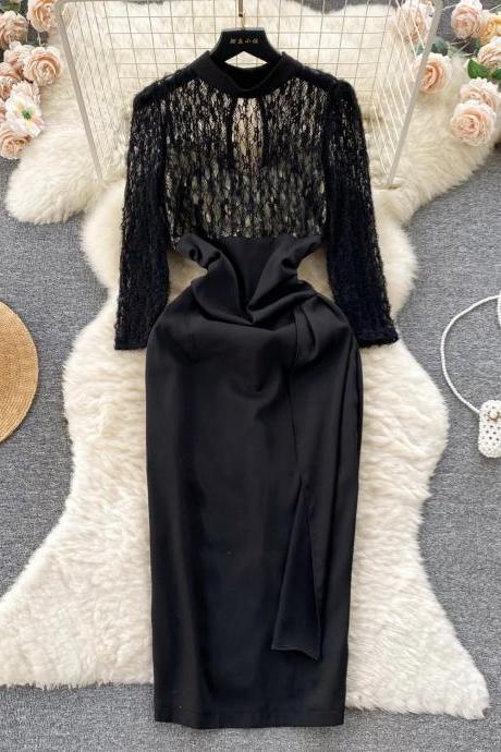 Elegant Black Lace Sleeve Satin Cocktail Dress