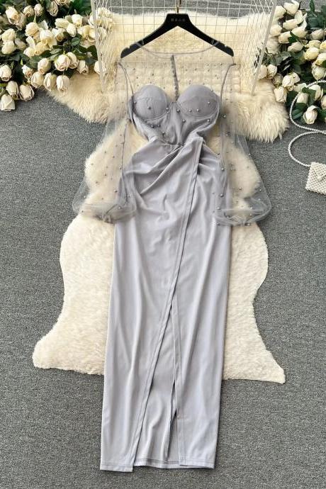 Elegant Silver Satin Gown With Sheer Polka Dot Cape