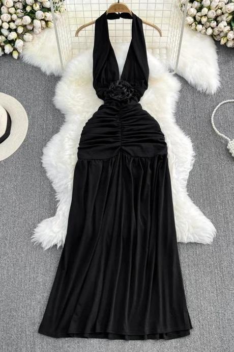 Elegant Black Halter Neck Midi Dress With Ruched Detail