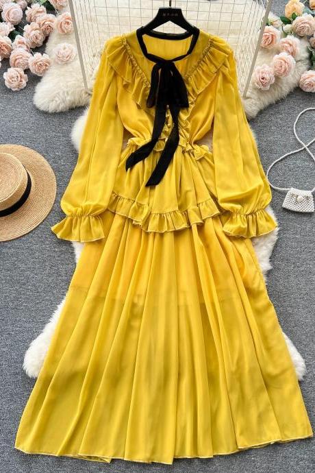 Elegant Mustard Yellow Ruffle Dress With Black Bow Tie