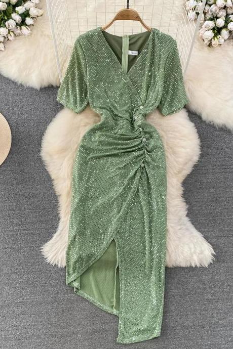 Elegant Green V-neck Sequin Wrap Midi Dress Women