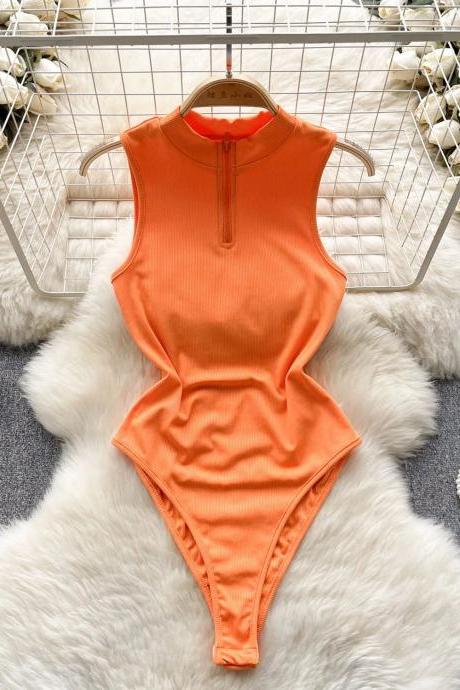 Sleeveless High Neck Orange Bodysuit Zipper Closure