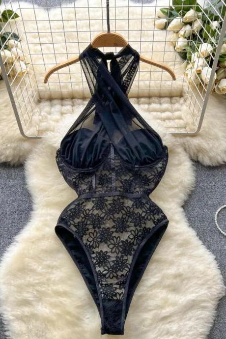 Elegant Lace Halter Neck Bodysuit In Sheer Black