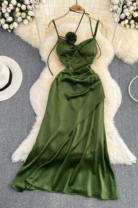 Elegant Green Satin Spaghetti Strap Evening Dress