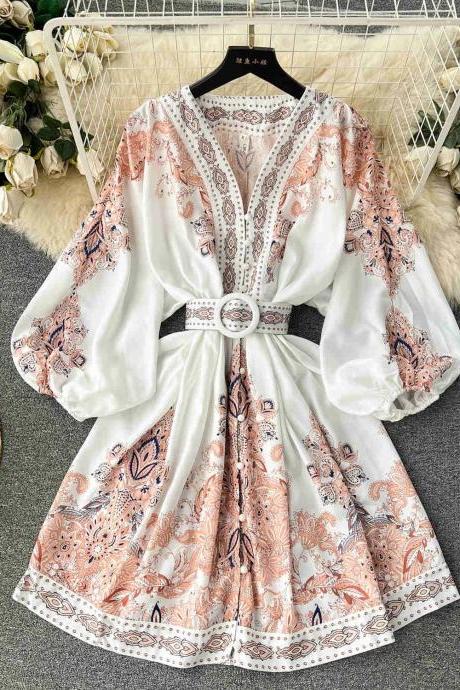 Boho Chic Floral Print V-neck Belted Mini Dress