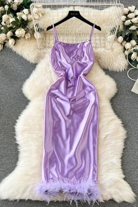 Elegant Lavender Satin Slip Dress With Feather Trim
