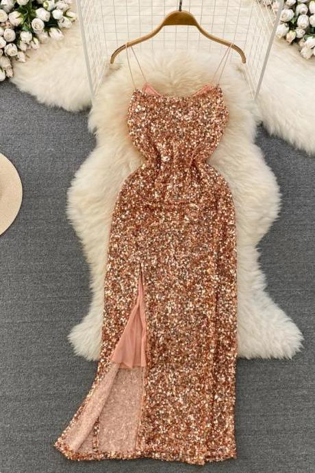 Elegant Sequin Evening Gown With Thigh-high Slit