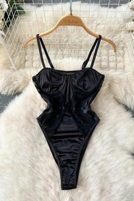Elegant Satin And Lace Bodysuit With Adjustable Straps
