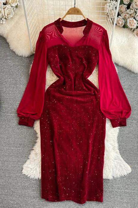 Elegant Long-sleeve Red Sequined Evening Gown Dress