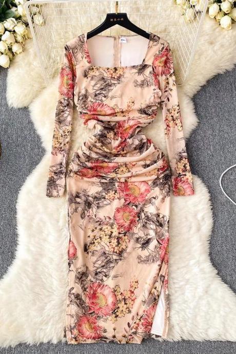 Elegant Long-sleeve Floral Ruched Bodycon Midi Dress