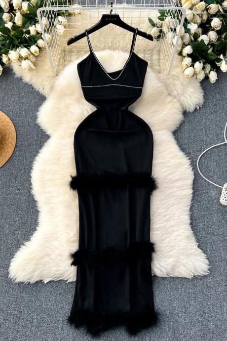 Elegant Black Satin Slip Dress With Feather Trim