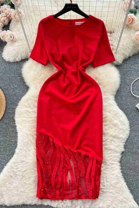 Elegant Red Sequined Fringe Evening Cocktail Dress