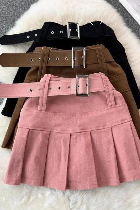 Womens High-waist Pleated Mini Skirt With Buckle Belt